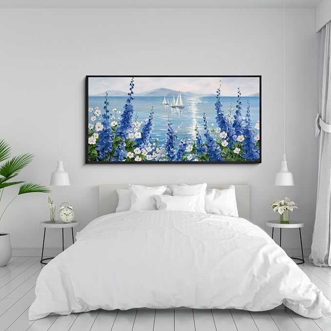 XLSJERST Large Sailboat Wall Art - Blue Canvas Abstract Painting Textured Picture Artwork Vintage Nautical Flower Painting Coastal Modern Print 29"x58" Frame for Living Room Bedroom Home Decoration