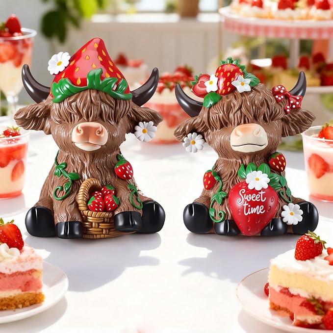 Karenhi 2 Pcs Strawberry Highland Cow Figurines, Strawberry Cute Resin Cow Ornaments Statue Calf Lovers Gifts for Home Garden Kitchen Office Tiered Tray Table Decor