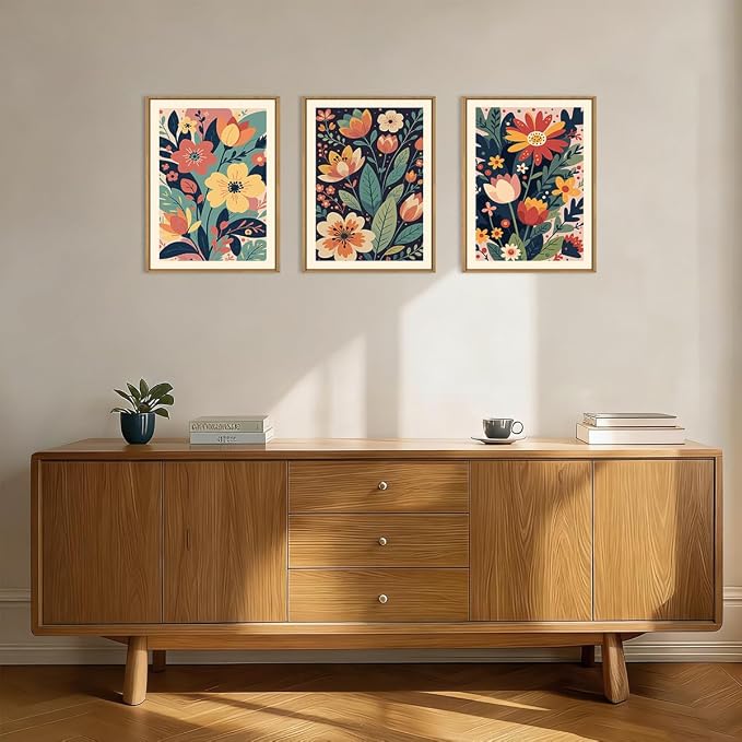 KAIRNE Vintage Colorful Floral Framed Canvas Wall Art Set,Mid Century Modern Flower Wall Decor,Retro Wildflower Art Prints,Boho Botanical Artwork for Living Room,Bedroom,Farmhouse,Office-12 x16 x3
