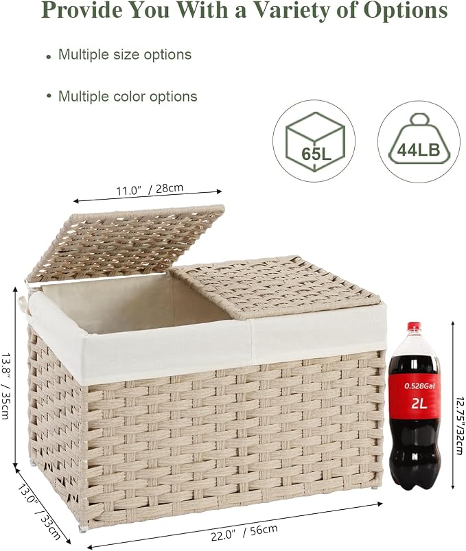 SETVSON Storage Basket with Lid Rattan Woven Storage Baskets with 2 Separate Lids, 17.2 Gallon (65 L) Wicker Storage Bins Foldable 2 Removable Liner Bags Handles for Bedroom, Laundry Room Light Khaki