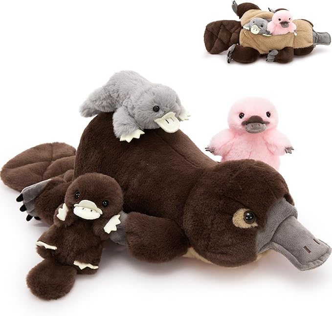 MorisMos 22inch 4Pcs Giant Platypus Plush, Mommy Platypus Stuffed Animals with 3 Baby, Large Realistic Plush Gifts Kids Boys Girls, Brown