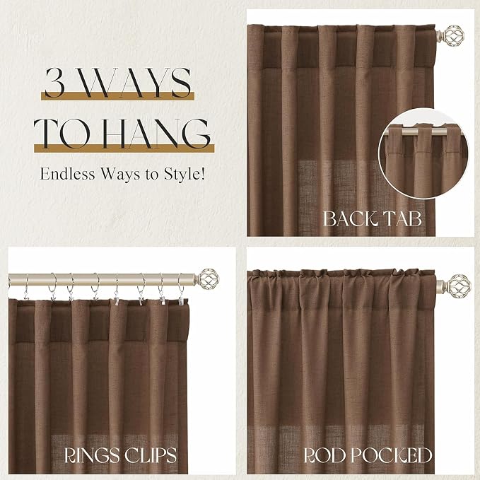 Jowels Caramel Brown Linen Curtains 96 Inch Long 2 Panels for Living Room | Light Filtering Semi Sheer Curtain, Back Tab Pocket Pleated Look, Boho Farmhouse Textured Privacy Drapes for Bedroom Window