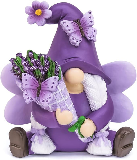 Lavender Gnome Spring Decor, Fairy Garden Gnome with Butterfly & Lavender Bouquet, Resin Gnome Figurine for Home Office Tabletop Tiered Tray Decor, Gnome Gifts for Women Retirement Birthday