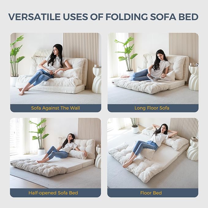 MAXYOYO Folding Sofa Bed, Tufted Bean Bag Bed with Pillows Floor Couch for Adults, Extra Thick and Long Floor Sofa, Full Floor Couch Bed for Bedroom Living Room, Beige, 54x91 Inch