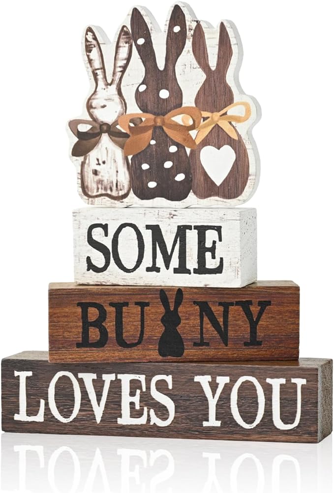 Smile Wooden Easter Decoration Sign - "Some Bunny Loves You" Wooden Block Stack Decor, 3-Tiered Rustic Blocks with Bunny Silhouette Topper for Easter & Spring Tabletop Display