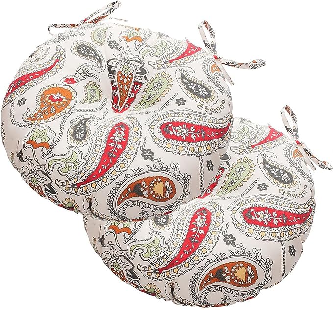 Magpie Fabrics Outdoor Round Bistro Seat Cushions with Ties, 15"x15"x4" Set of 2, Tufted Waterproof Barstool Chair Pads for Patio Home Garden Office, Paisley Beige Red