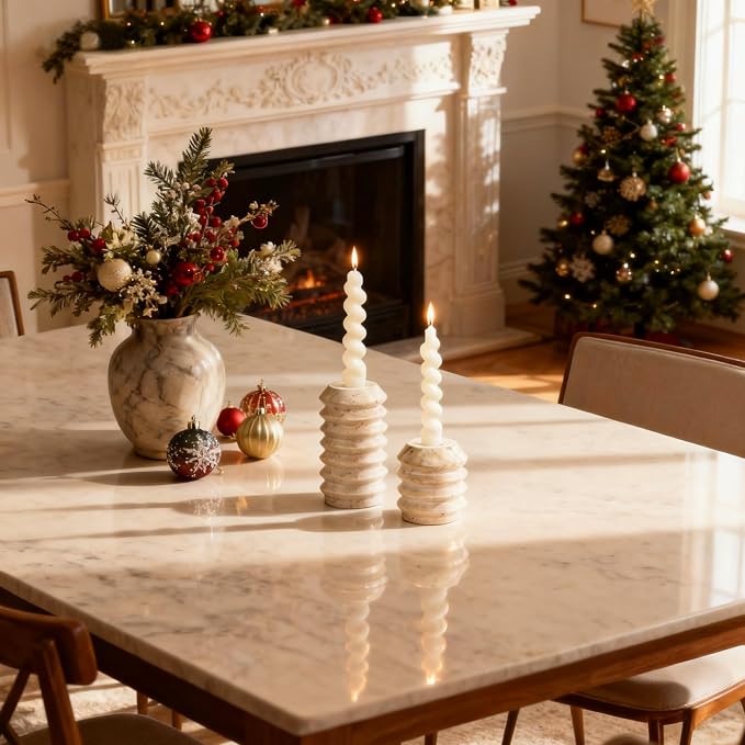 Candle Holders True Natural Travertine Stone 0.4" Thick, Set of 2 Premium Marble Candlestick Holder for Wedding Dinning Party, Candle Stand for 3/4 inch Thick Candles Color White (ZT002)