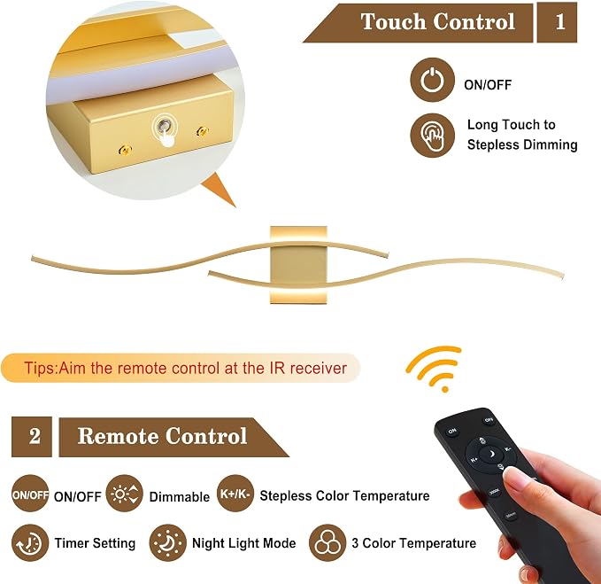 KARTOOSH Battery Operated Wall Sconces with Remote Control, Dimmable/3 Colors/Night-Light/Timer/Memory, Gold Modern Wireless LED Sconce for Living Room, Hallway, Bedroom, 39.3 Inch (1 Pack)