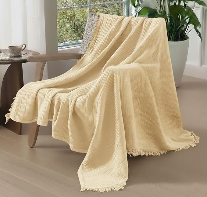 KyraHome 100% Organic Cotton Throw Blankets for Adults, Pre-Washed Plant Dyed, Women, Lightweight Breathable, Soft Gauze Blanket for Couch, Summer, All Season, Creamy