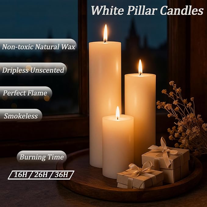 36 Pcs White Pillar Candles Bulk Set，3 Different Lengths 2 x 3/4/6 Inch (6 Each)，Hurricane Candles，Dripless Unscented Smokeless，Gives You a Better Atmosphere When Organizing an Event Party.