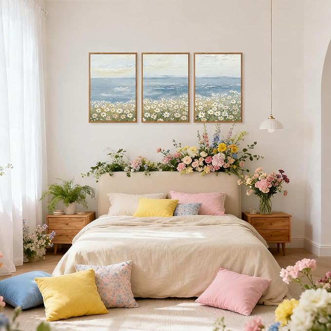 TOARTi Large Framed Coastal Wildflower Canvas Wall Art Set,Watercolor Beach Daisy Flower Ocean Wall Decor,Nature Seaside Landscapes Art Prints for Farmhouse Home Living Room Bedroom Office-24”x35”x3