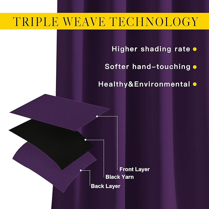 NICETOWN Blackout Living Room Curtains Extra Wide, Triple Weave Grommet Top Thermal Insulated Window Treatment Light Blocking Panels for Patio/Porch (Royal Purple, W80 x L84, Set of 2)