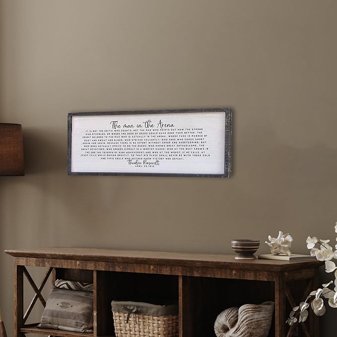 Surfapans The Man In The Arena Wall Decor 32"x12" Morden Office Motivational Wood Framed Sign For Men Large Farmhouse Living Room Inspirational Quotes Positive Speech Home Wall Decoration (Black)
