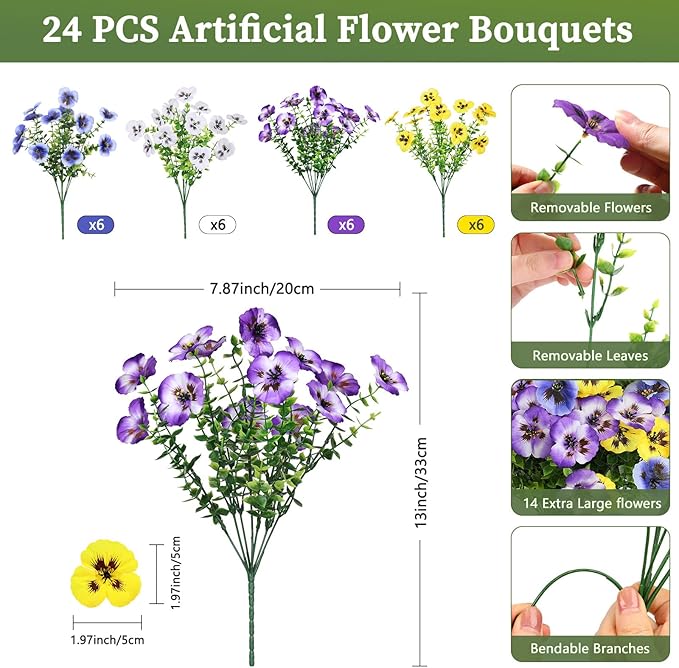 Alupssuc 24 Bundles Artificial Flowers for Outdoors, Fake Spring Flowers for Decoration, UV Resistant Realistic Pansies with Eucalyptus Silk Faux Flowers for Porch Patio Yard, 4 Mix Colors