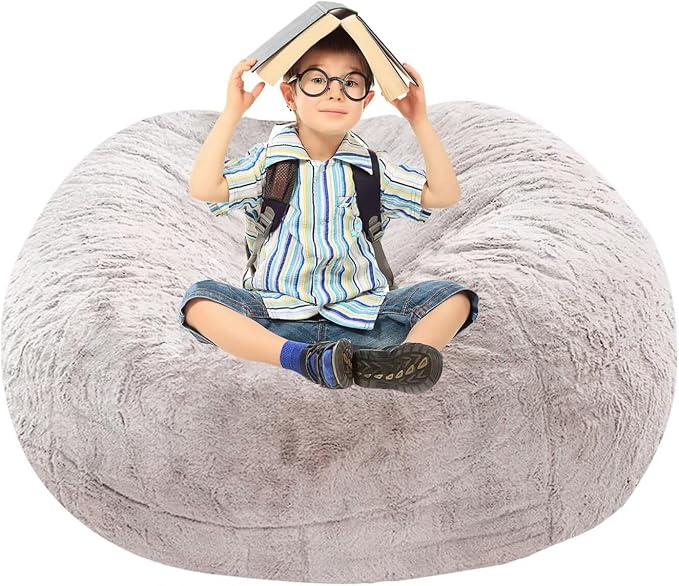BCU Bean Bag Cover Comfy Beanbag Chair for Adults Without Filler Faux Fur Lazy Sofa Cover for Living Room Chairs, Silver White, 3.5FT