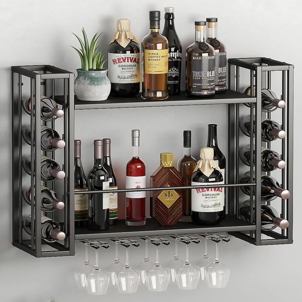 Wall Mounted Wine Rack, Wine Rack Wall Mounted with Wine Glass Rack, 2-Tier Multi-Functional Shelf for Home Restaurant Bar Storage Rack,Black