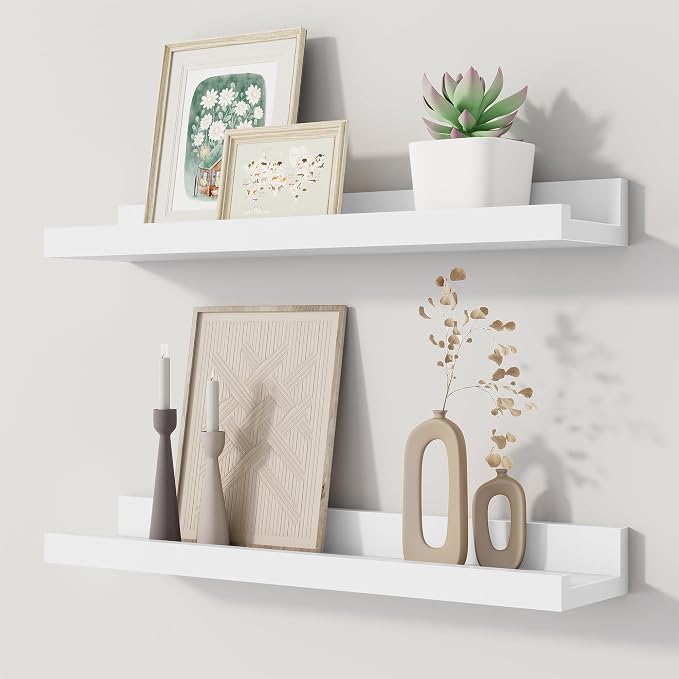 Floating Picture Ledge Shelves Set of 2, 16 Inch Solid Wood Wall Shelves with Lip, Large Nursery Book Shelf for Toys Storage, Kids Bookshelf, Living Room, Bedroom Decor Frames, White Color