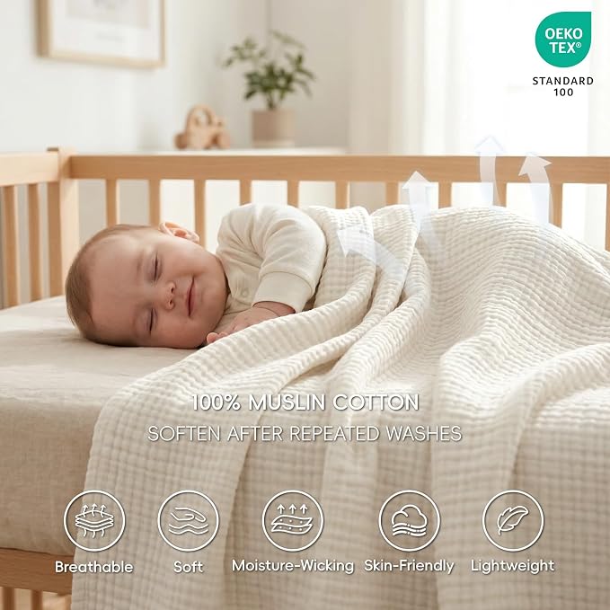 David's Home 100% Natural Cotton Muslin Blanket King Size, 4-Layer Soft Breathable Lightweight Comfy Cozy Throw Guaze for Hot Sleepers, 3D Bubble Room Decor for Bed Couch, Giftable, Brich, 108"x90"