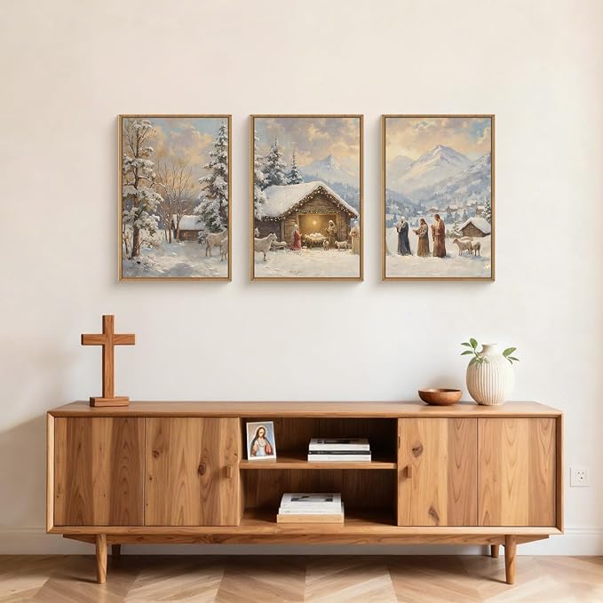 HOURIA Vintage Christmas Nativity Framed Canvas Wall Art Set, Religious Christian Birth of Jesus Biblical Wall Decor, Winter Snowy Landscape Artwork for Living Room,Church,Xmas 16 x24 x3