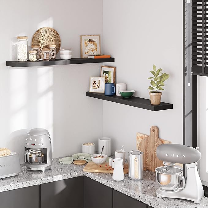 BAMEOS Floating Shelves, Black Wall Mounted Wooden Shelves with Invisible Brackets Set of 2,47 x 9