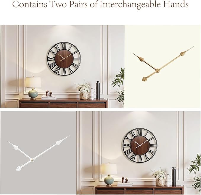 Vantic 24 Inch Large Wall Clock, Roman Numeral Wood Oversized Wall Clocks for Living Room Decor, Farmhouse, Bedroom and Kitchen, Completely Silent, Non Ticking, Battery Operated