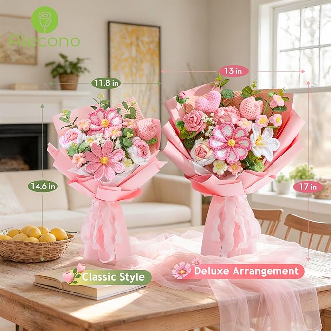 Alecono Large Crochet Flower Bouquet, Pink Knitted Flowers, Crochet Tulip Galsang Flower for Valentines Day Lover Anniversary Birthday Party Mother's Day Graduation Gifts (Include Card)