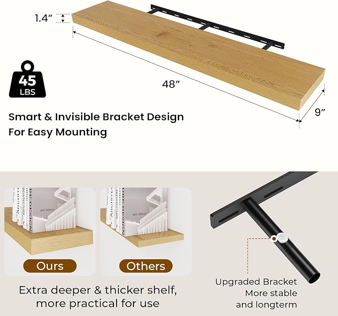 Dreamland 48Inch Oak Floating Shelves 9.3" Deep Wall Mounted Set of 2 | Wall shelves for bathroom, bedroom, kitchen, deep wall mount wood storage display for home decor 48" x 9.3"