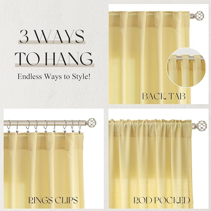 Jowels Yellow Linen Curtains 84 Inch Long 2 Panels for Living Room | Light Filtering Semi Sheer Curtain, Back Tab Pocket Pleated Look, Boho Farmhouse Textured Privacy Drapes for Bedroom Window
