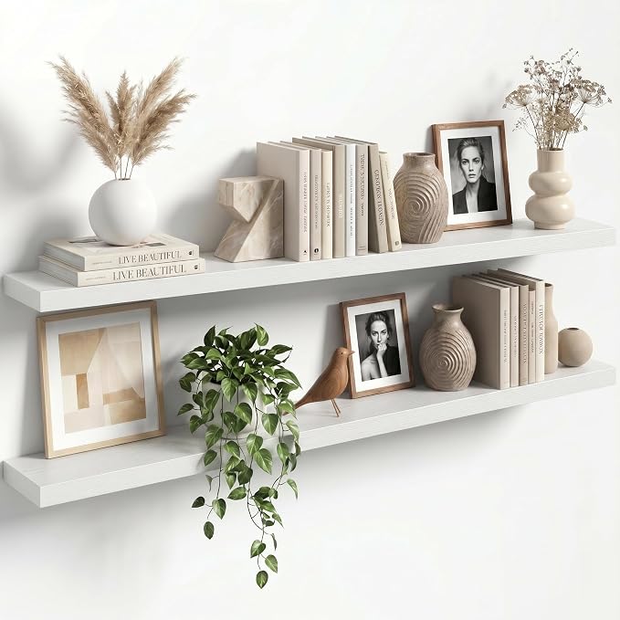 55" Floating Shelves for Wall, Set of 2, 8" Deep, 1.5" Thick, White | Rustic Wood Wall Shelves with Invisible Brackets, Storage and Display for Bathroom, Bedroom, Living Room or Kitchen