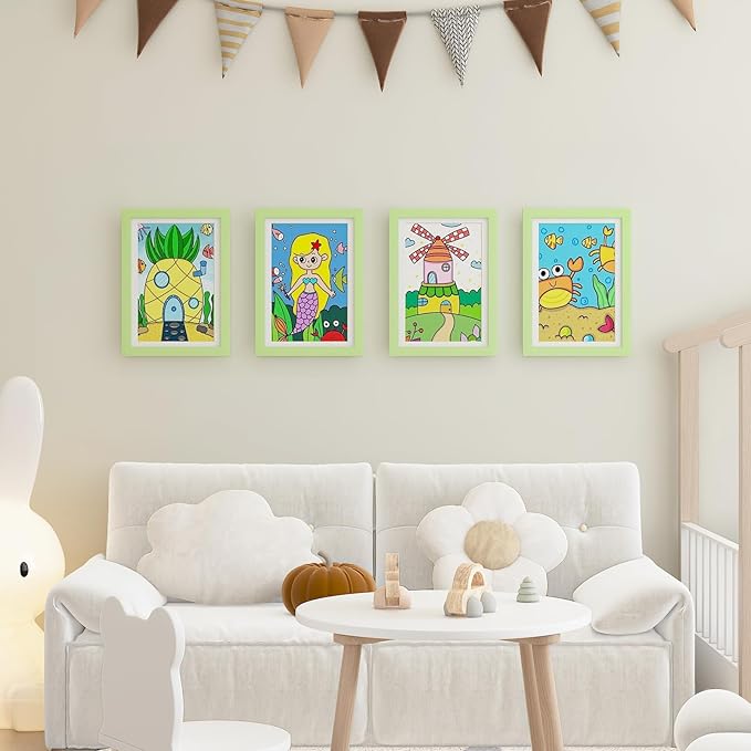 KINLINK A4 Kids Art Frame Set of 2, Solid Wood Kids Artwork Frames Changeable with Front Opening hold 150 Pictures, Art Frames for Kids Art with Mat，without Mat A4 Picture Frame Light Green