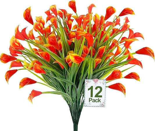 TURNMEON 12 Bundles Calla Lily (240 Heads) Artificial Flowers for Outdoors, Fake Plants UV Resistant Faux Plastic Fake Flowers for Indoor Home Porch Yards Spring Summer Cemetery Decor(Orange Red)