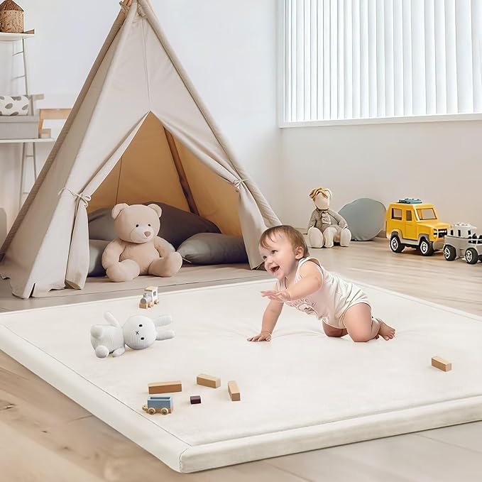 Baby Play Mat for Floor Nursery Rug Muscle Mat Area Rug Playroom Rug 47"x47" Playpen Mat Elastic Foam 1.3" Thick Crawling Mat for Babies,Toddlers, Infants, Kids,Cream