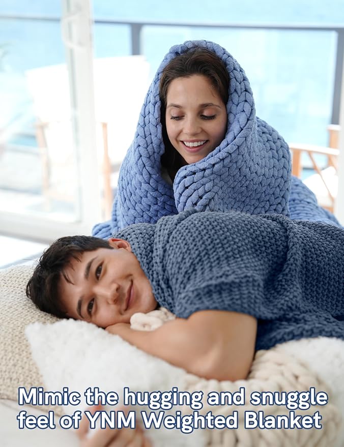 YnM Chunky Cotton Knit Throw Blanket, Cable Knit Throws for Bed Couch Sofa, Comfy & Relaxing, Decorative Piece for Farmhouse Modern Boho Rustic Scandinavian Chic Vibe, Denim Blue 60x80 Inches