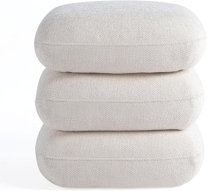 Get Set Style 360° Swivel Linen Ottoman, Modern Upholstered Foot Stool, Multifunctional Vanity Chair Accent Stool for Small Space, Living Room, Bedroom, Entryway, Warm Ivory