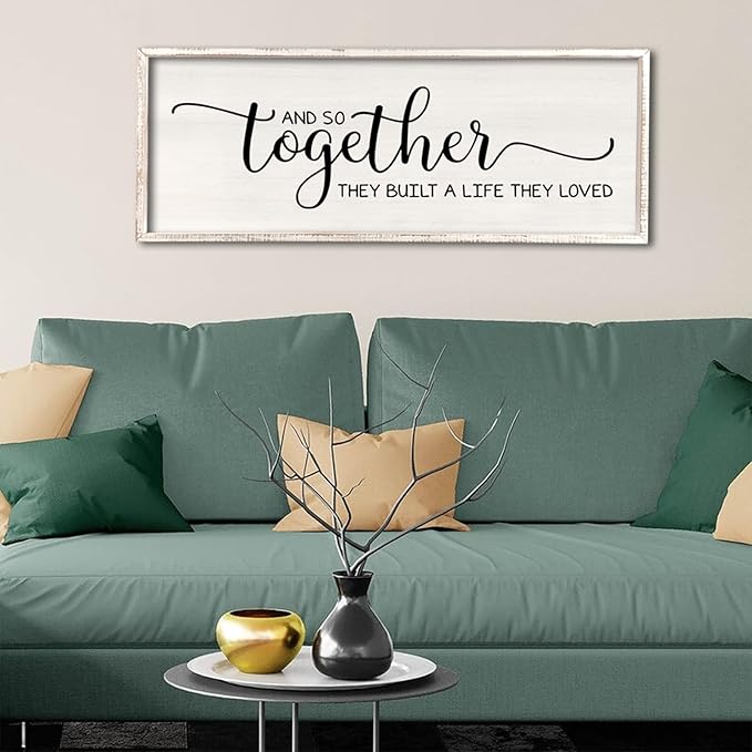 Surfapans And So Together They Built A Life They Loved Wall Decor 40”X15” Large Framed Farmhouse Wood Sign for Bedroom Above Bed Living Room Over Bed Wall Art Modern Hanging Decoration (White)
