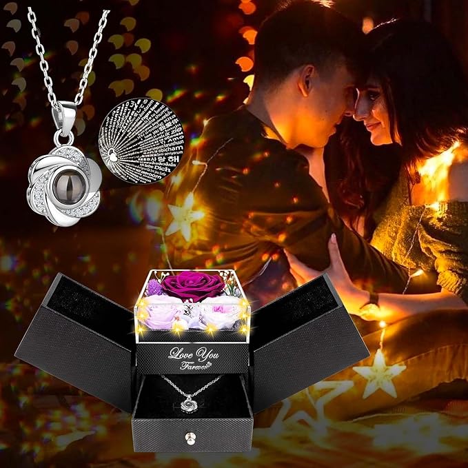 ENERLEAF 3 Preserved Purple Rose-Eternal Flowers Rose Gifts for Mom Grandma Wife Girlfriend on Mothers Day Birthday Valentines Christmas Anniversary Romantic Gifts for Her with I Love You Necklace