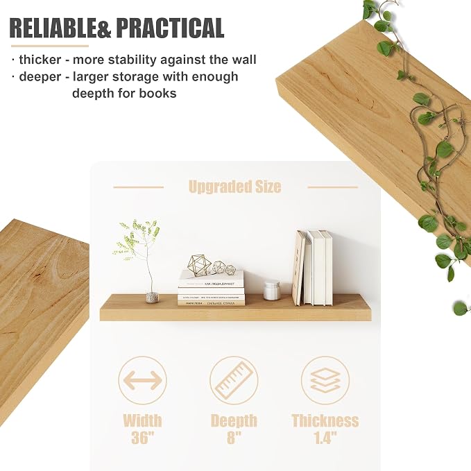FLYJOE Floating Shelves for Wall, USA-Sourced Brich Wood 36 Inch Long Wall Shelves Set of 2, Natural Wooden Mounted Picture Ledge Shelf, Nursery Book Storage Shelf Kids Bookshelf, Display Shelf