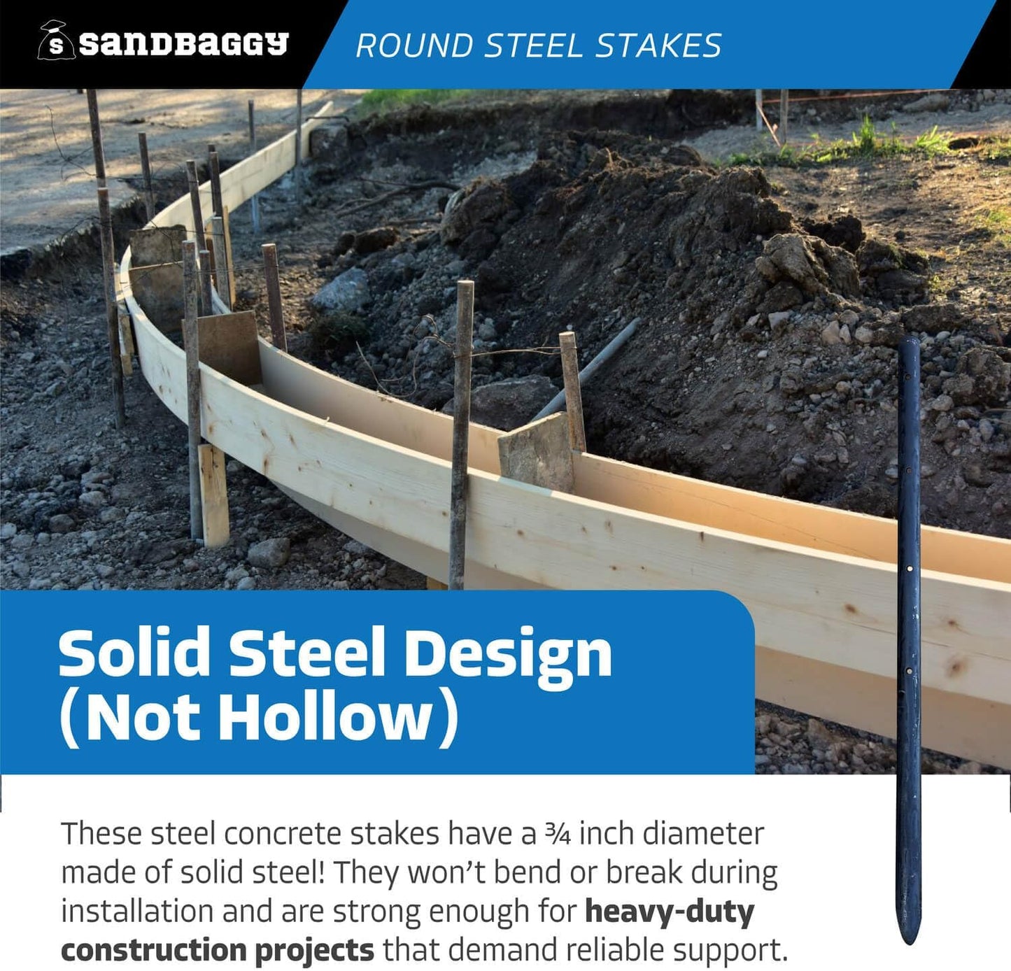 Sandbaggy Round Steel Concrete Form Stakes with Nail Holes - Rust Resistant Coating - Removable, Reusable (400, 3/4 in X 18 in)