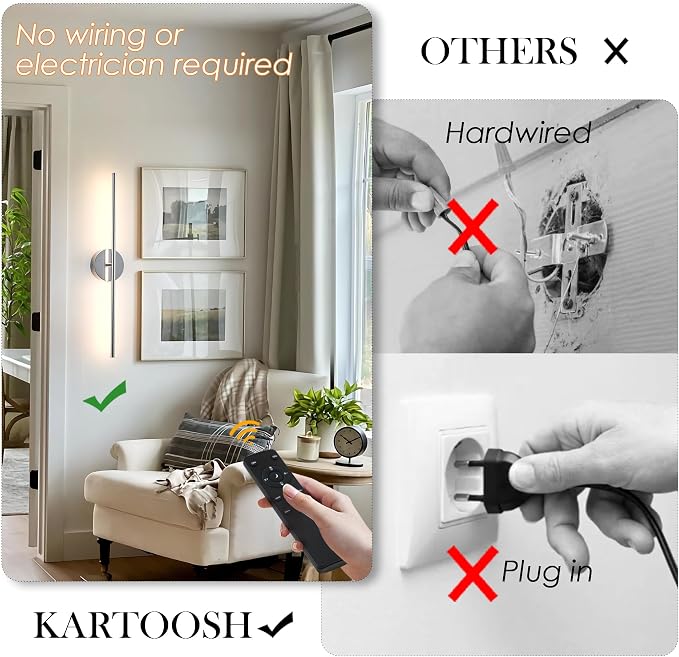KARTOOSH Removable Battery Operated Wall Sconces with Remote Control 350°Rotate LED Wireless Wall Lights with 3 Color Temperatures & Dimming for Bedroom, Hallway, 28.3 Inch (2 Pack)