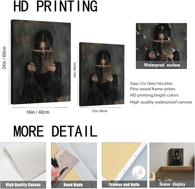 Dark Academia Book Wall Art Vintage Gothic Victorian Woman Reading Wall Decor Poster Painting Picture Moody Girl Aesthetic Canvas Print for Bedroom Living Room Dorm Library Corner 16x24Inch Framed