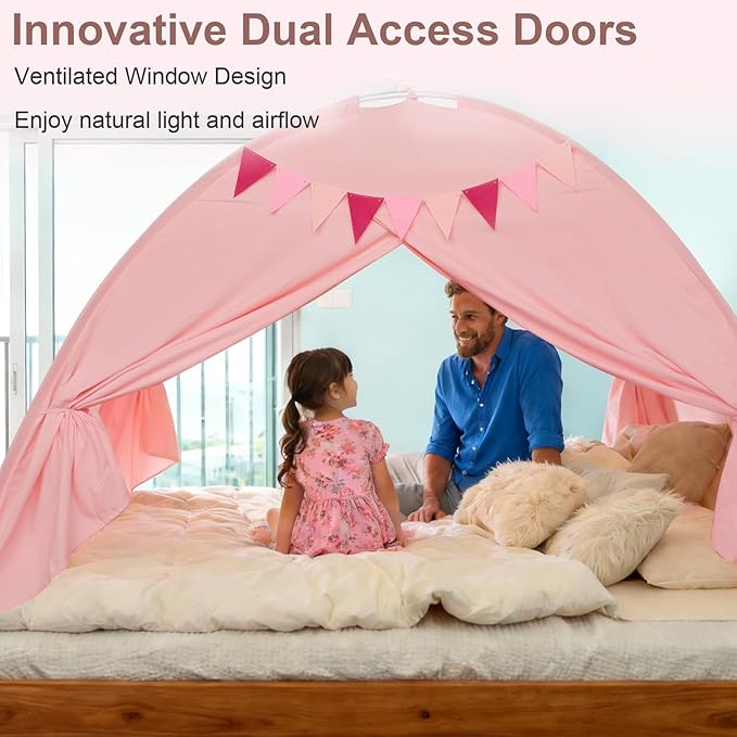 Full Bed Tent Canopy, Indoor Blackout Privacy Toddler Bed Tent for Kids with Light, Portable Sleeping Floor Kids Playhouse (Pink, Full Size)