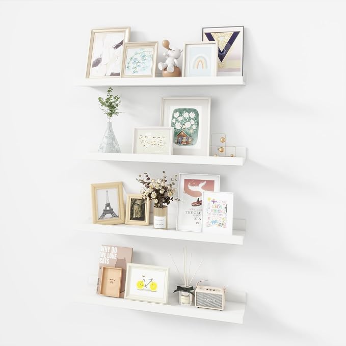 Acovy 24 inch Picture Ledge Shelf, Wood Floating Shelves Set of 4, White | Wall Mounted, For Living Room Kids' Room Bedroom, Photo Ledge Nursery Book Shelves