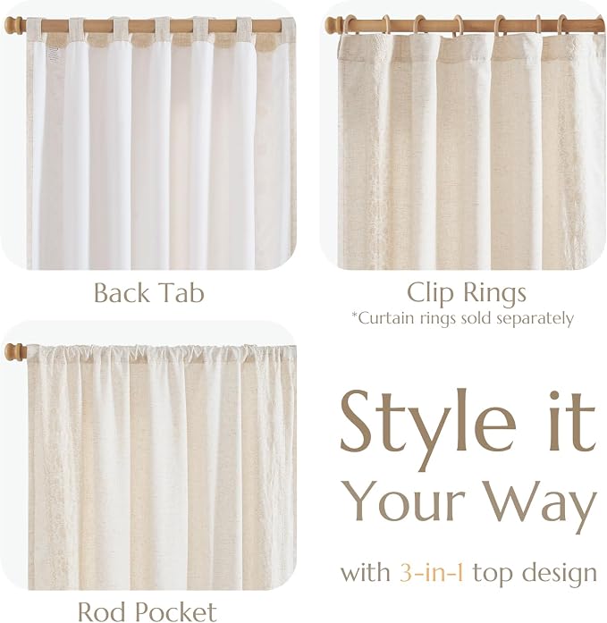 jinchan Weslie Boho Lined Linen Curtains for Bedroom Ivory Vintage Floral Farmhouse Curtains 90 Inches Long Linen Drapes for Living Room Embroidered Drapes Rod Pocket Ivory on Beige 2 Panels