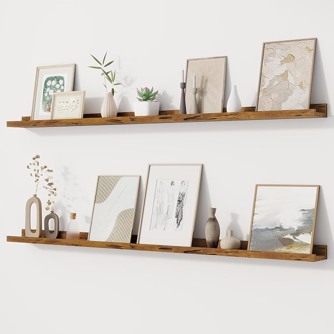 Fun Memories Picture Ledge Shelf, 48 Inch Floating Shelves Set of 2, Large Nursery Book Shelves for Storage, Bookshelf Wall Mounted for Wall Decor Books Photo Frames, Rustic Brown