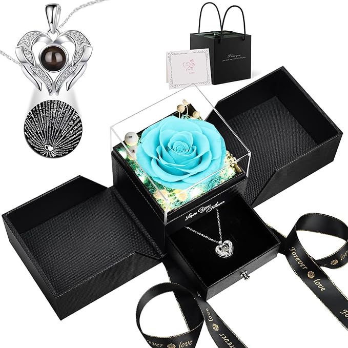FIACO Gifts for Mom Preserved Real Roses with I Love You Necklace Fresh Forever Flowers Mothers Day Flower Gifts for Women Grandma Anniversary Birthday Gift for Girlfriend Wife Daughter