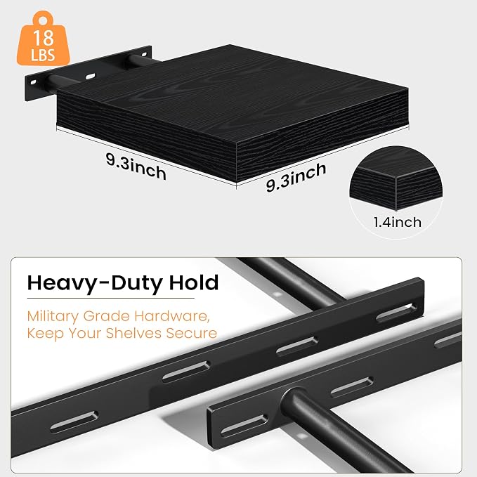 Fun Memories Floating Shelves for Wall, 9.3 Inch Set of 4 Rustic Wood Wall Shelves with Invisible Brackets, Heavy Duty Storage Display for Bathroom Bedroom Living Room Kitchen, Black