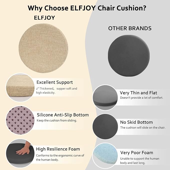 ELFJOY Round Chair Cushions for Dining Chairs Non Slip High-Resilience Foam Chair Pads 2" Thick Seat Cushions for Kitchen Chairs Set of 2 16" Beige