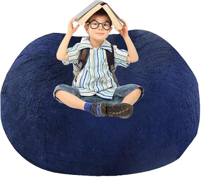 BCU Bean Bag Cover Comfy Beanbag Chair for Adults Without Filler Faux Fur Floor Chair Lazy Sofa Cover Comfy for Living Room Chairs, Blue, 3.5FT