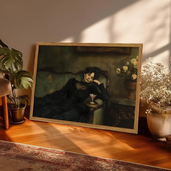Framed Vintage Wall Art, Dark Academia Woman Martini Pictures Wall Decor, Victorian Feminine Lying on Couch Paintings Canvas Prints Moody Home Decor for Living Room Bedroom 16x24 inch