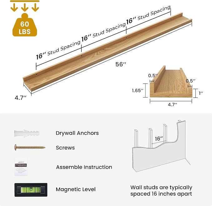 Acovy Solid Ash Wood Picture Ledge Shelf, 56 Inch, Natural, Set of 2 | Floating Shelves, Wall Mounted, For Living Room Bedroom Kitchen Nursery, Large Ledge Shelves